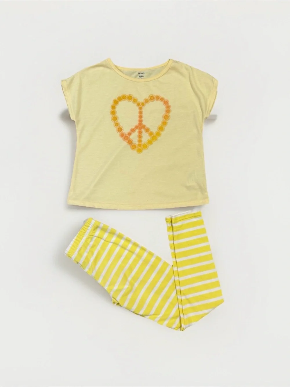 Carter's Girl Sz 8 2pc Set Yellow Short Sleeve Top And Leggings Heart Peace